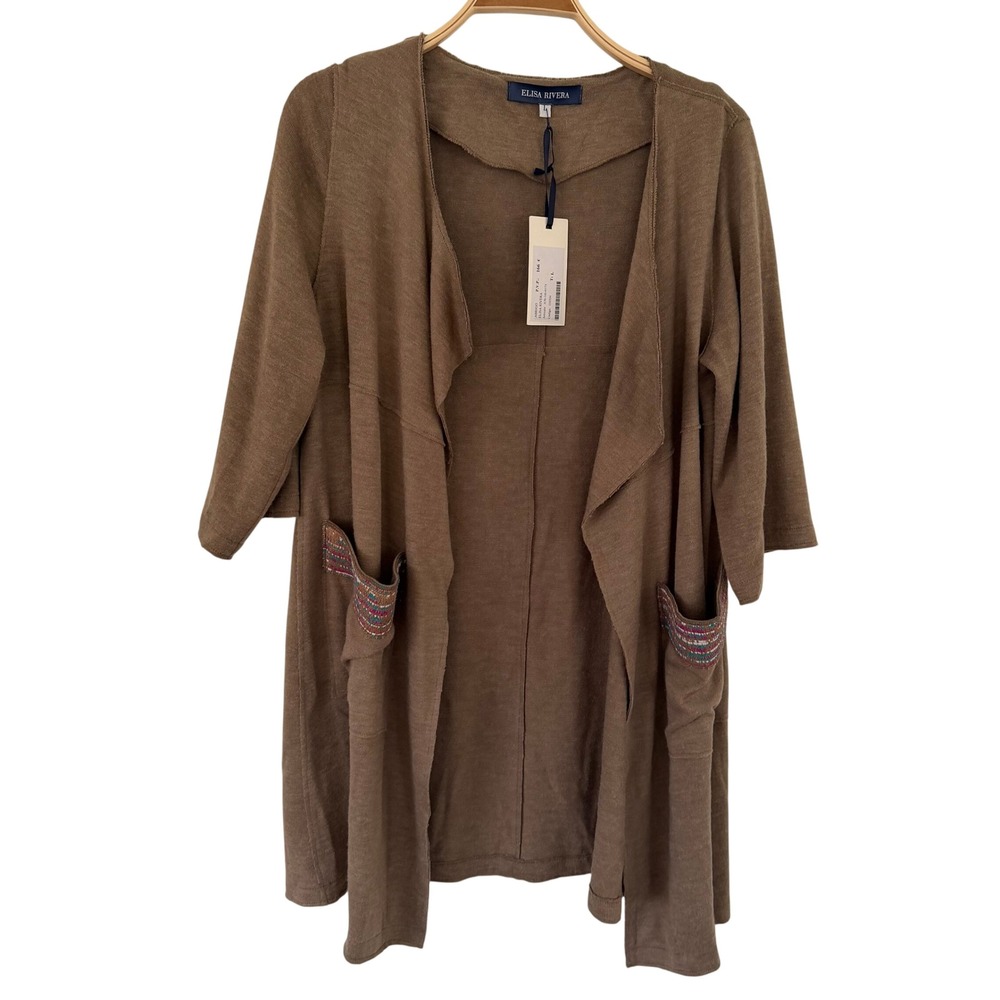 Elisa Rivera Brown Open Front Cardigan Woven Trim Pockets Size L NWT A70-161-41